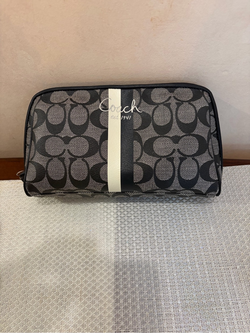 Coach Signature Canvas Toiletry Pouch in Black and White Stripe - Cosmetic Bag